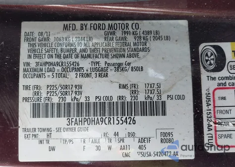 2012 Ford Fusion Se from USA, damaged, VIN 3FAHP0HA9CR155426